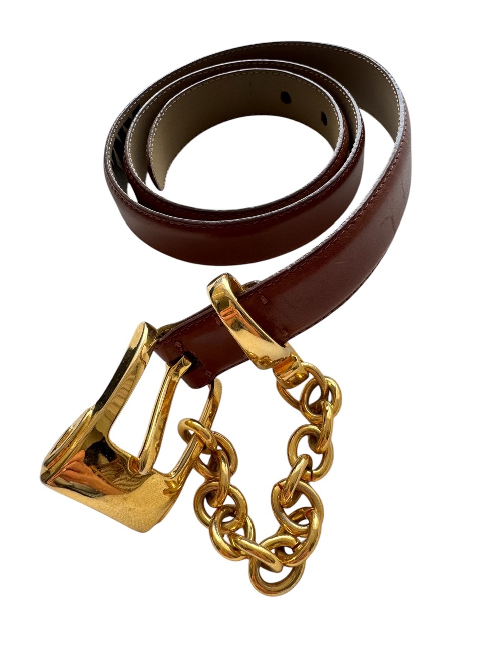 Vintage 90s made in Italy DKNY Brown Leather Belt with Gold Chain Accent